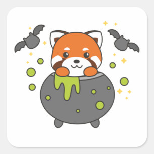 Sticker Carré Red Panda Happy Halloween Cauldron Chat Carré Stic