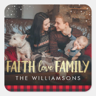 Sticker Carré Red Plaid & Gold Faith Love Family Christmas Photo