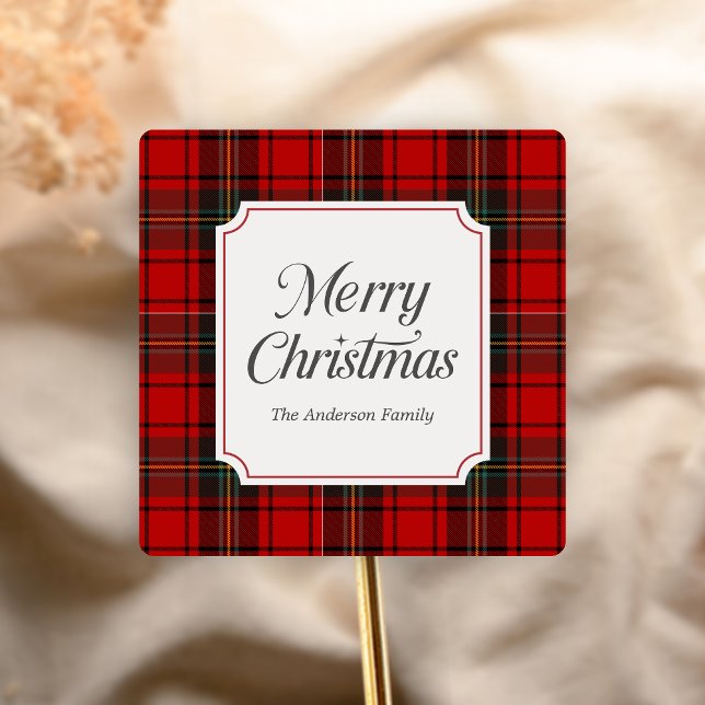 Sticker Carré Red Plaid Merry Christmas (Red Plaid Modern Merry Christmas Holiday Sticker)