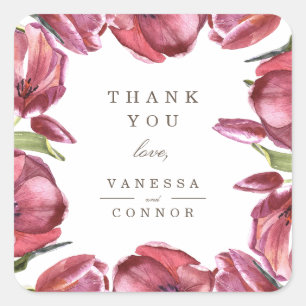 Sticker Carré Red Poppies Élégant Mariage Monogram Merci