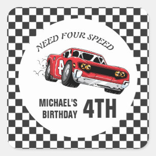 Sticker Carré Red Race Car Anniversaire Fête Invitation