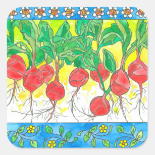 Sticker Carré Red Radis Garden Vegetables Fleurs marguerites