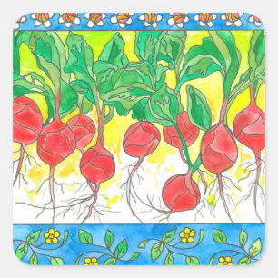 Sticker Carré Red Radis Garden Vegetables Fleurs marguerites