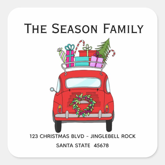 Sticker Carré Red Retro Fiat 500 avec cadeaux de Noël (Devant)