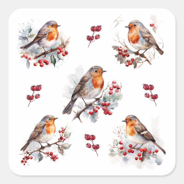 Sticker Carré Red Robin Holly Christmas (Devant)