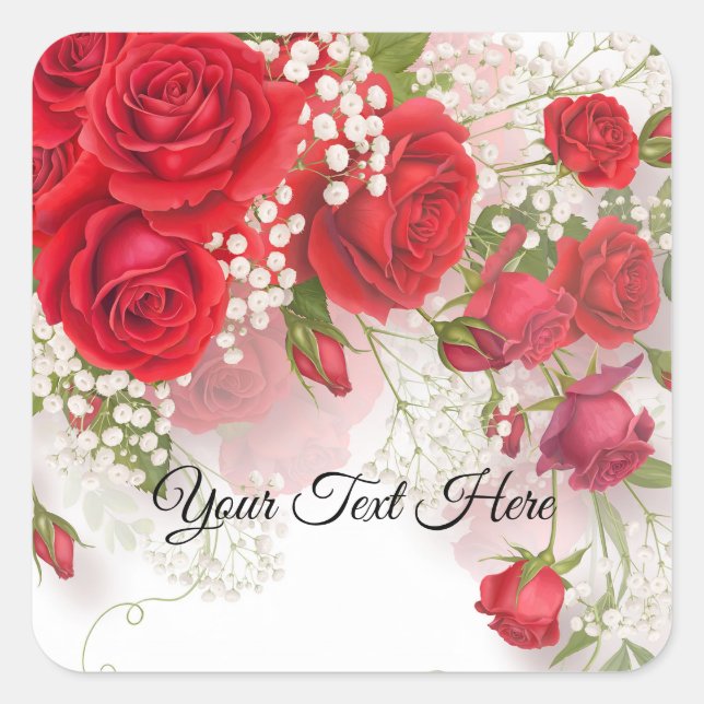 Sticker Carré Red Roses & Babys Breath Elegant Floral Wedding  (Devant)
