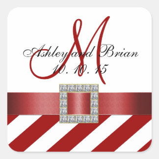 Sticker Carré Red Stripes Ruban Monogramme Mariage Faveur Étique