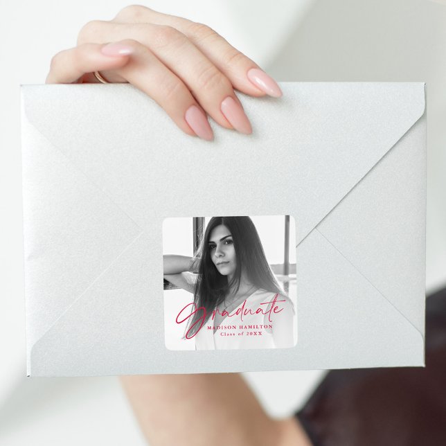 Sticker Carré Red Stylish Script Photo Graduation (Créateur téléchargé)