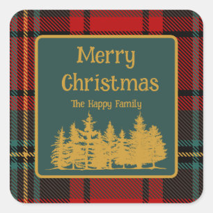 Sticker Carré Red Tartan Plaid Joyeux Noël