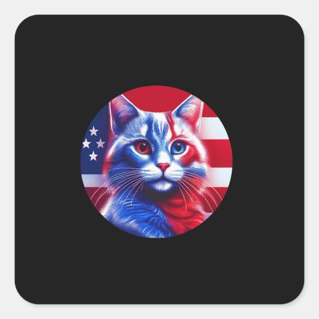 Sticker Carré Red White & Blue Cat With American Flag Background (Devant)