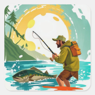 Sticker Carré Reeling in Adventure : A Day Fishing Bliss