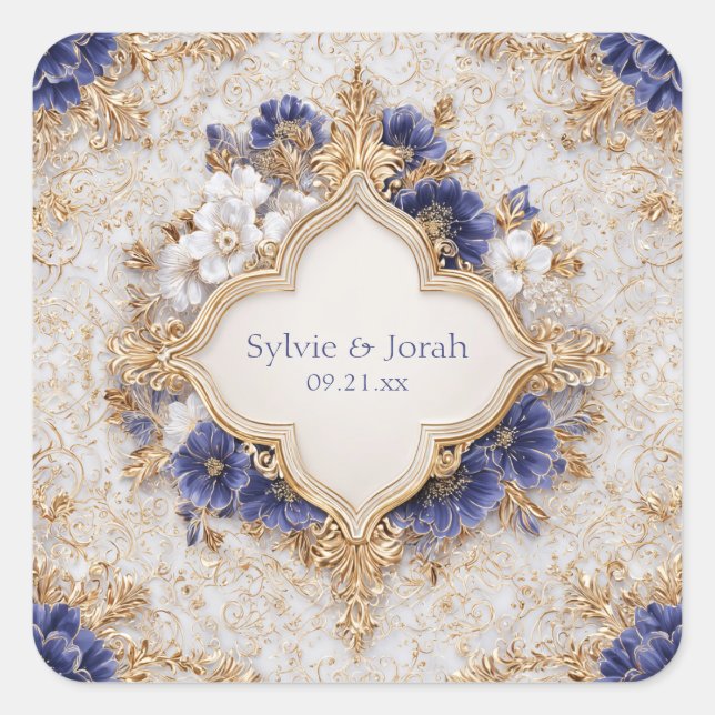 Sticker Carré Regal Victorian Blue and Gold Floral Elegance (Devant)
