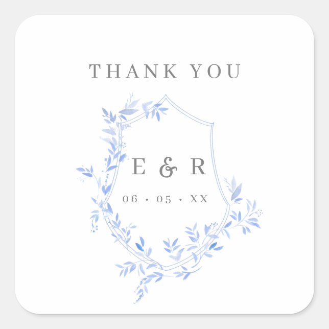 Sticker Carré Regency Bleu Feuille Crest Monogramme Merci (Devant)