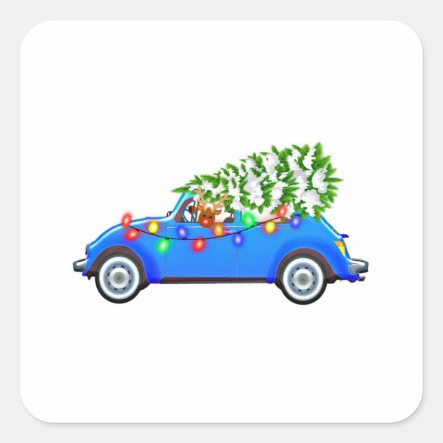Sticker Carré Reindeer driving a beetle with christmas treeb (Devant)