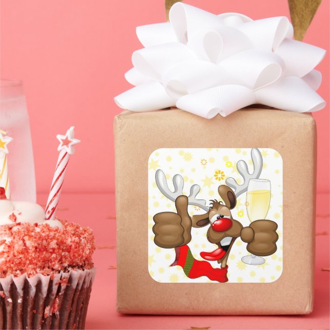 Sticker Carré Reindeer Drunk Funny Caractère de Noël (Fête)