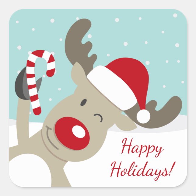 Sticker Carré Reindeer Rudolph le nez rouge dans le chapeau de S (Devant)