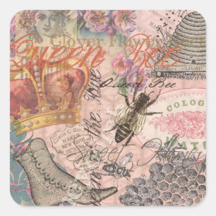 Sticker Carré Reine Abeille Vintage Beau Collage