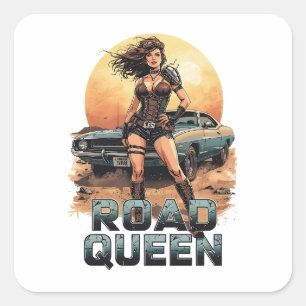Sticker Carré Reine de la Route – Guerrière Pin-Up Post-Apocalyp
