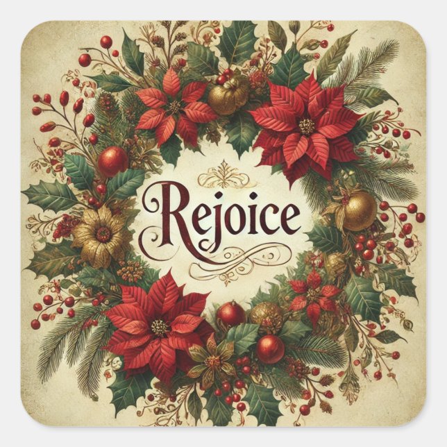 STICKER CARRÉ REJOICE VINTAGE NOËL POINSETTIE RELIGIEUSE (Devant)