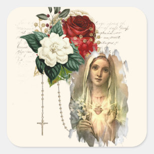 Sticker Carré Religieuse Vierge Marie Roses Élégant Coeur Vintag