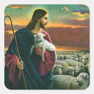 Sticker Carré Religion Vintage, Christ Bon Pasteur avec son trou