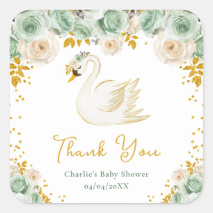 Sticker Carré Remerciement Baby Shower Cygne Vert Sauge Roses Or