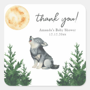 Sticker Carré Remerciement Baby Shower Loup Aquarelle
