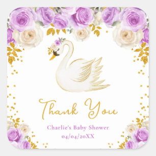 Sticker Carré Remerciement Baby Shower Roses Or Pourpre Cygne