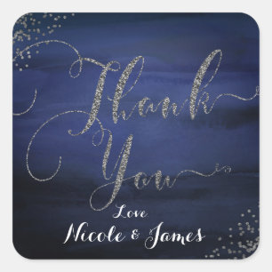 Sticker Carré Remerciement Confettis Bleu Argent Aquarelle Moder
