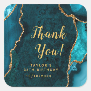 Sticker Carré Remerciement d'anniversaire Agate Sarcelle et Or