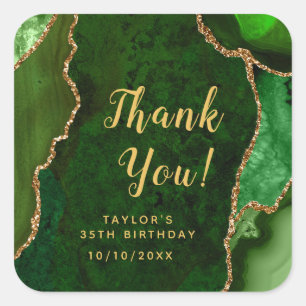 Sticker Carré Remerciement d'anniversaire Agate Verte et Or