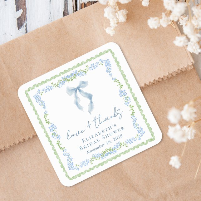 Sticker Carré Remerciement de Baby Shower Élégant Nœud Bleu (Elegant Blue Bow Bridal Shower Thank You Square Sticker)