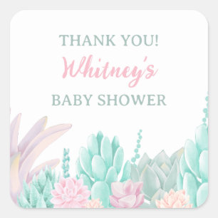 Sticker Carré Remerciement de Baby Shower Rose Succulente Aqua