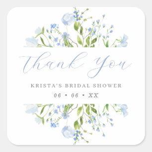 Sticker Carré Remerciement de Fête de Mariage Floral Bleu Clair
