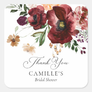 Sticker Carré Remerciement de Fête de Mariage Floral Bourgogne