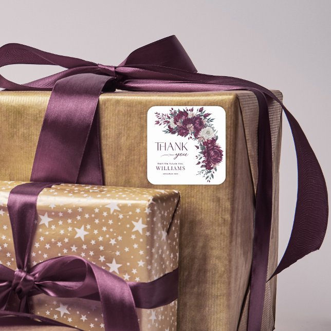 Sticker Carré Remerciement de Fête de Mariage Floral Bourgogne (Créateur téléchargé)