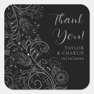 Sticker Carré Remerciement de mariage élégant floral argent et n