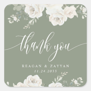 Sticker Carré Remerciement de mariage floral élégant ivoire et s
