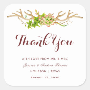 Sticker Carré Remerciement de mariage Rustic Antlers & Wildflowe