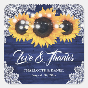 Sticker Carré Remerciement de mariage Tournesol Dentelle Bois Bl