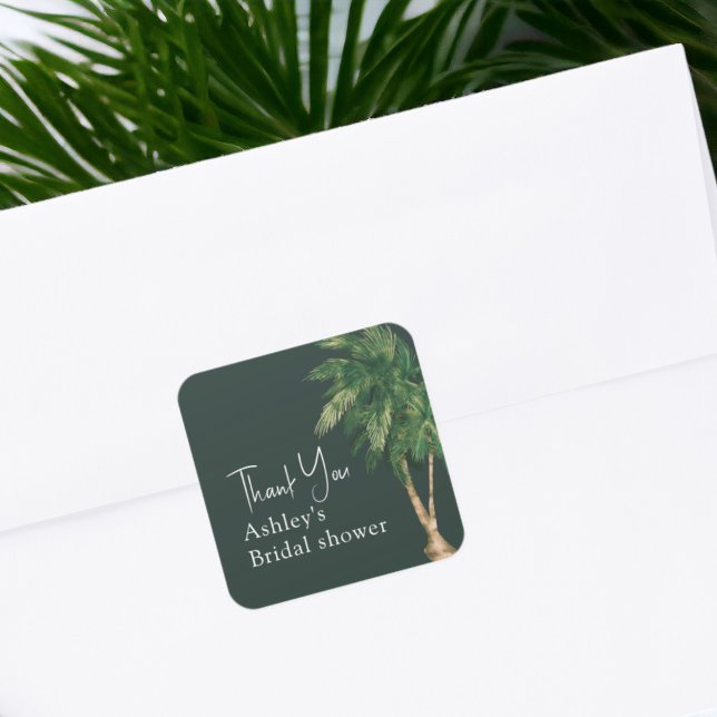 Sticker Carré Remerciement de mariage tropical avec palmier écri (Tropical greenery script palm tree bridal thank square sticker)