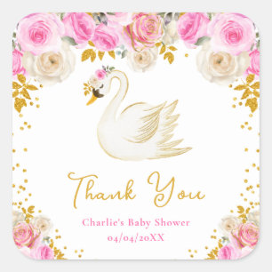 Sticker Carré Remerciement Fête de Bébé Roses Rose Gold Cygne