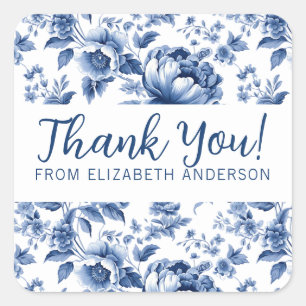 Sticker Carré Remerciement floral de rose vintage bleu élégant