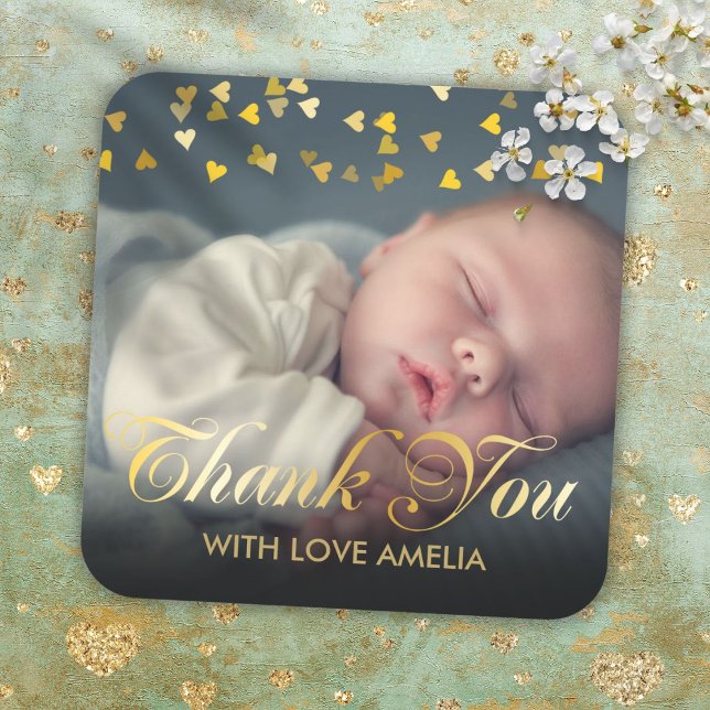 Sticker Carré Remerciement Personnalisé avec Photo de Bébé (Personalized Photo Baby Thank You Square Sticker)
