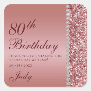 Sticker Carré Remerciement pour 80e anniversaire Rose Gold Éléga