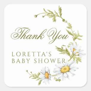 Sticker Carré Remerciement pour Baby Shower Fleur de Marguerite 