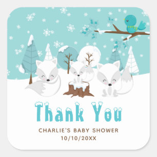 Sticker Carré Remerciement pour Baby Shower Hiver Renards Arctiq