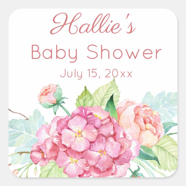 Sticker Carré Remerciement pour Baby Shower hydrangea rose et pi (Devant)