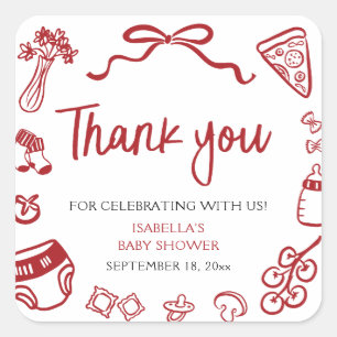 Sticker Carré Remerciement pour Baby Shower Pizza Italienne Roug