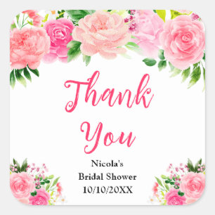 Sticker Carré Remerciement pour Baby Shower Roses Roses avec Feu